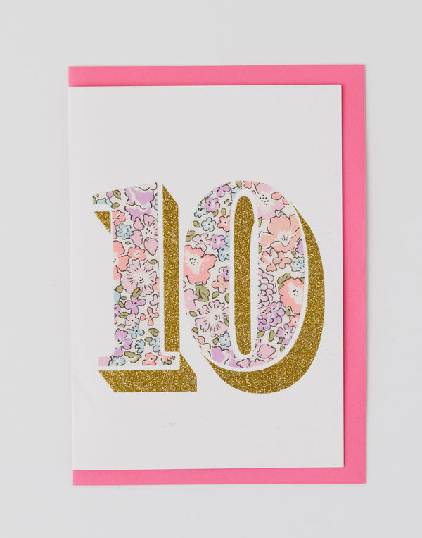 Age 10 Birthday Card - Bio Glitter & Liberty Michelle Lilac fabric