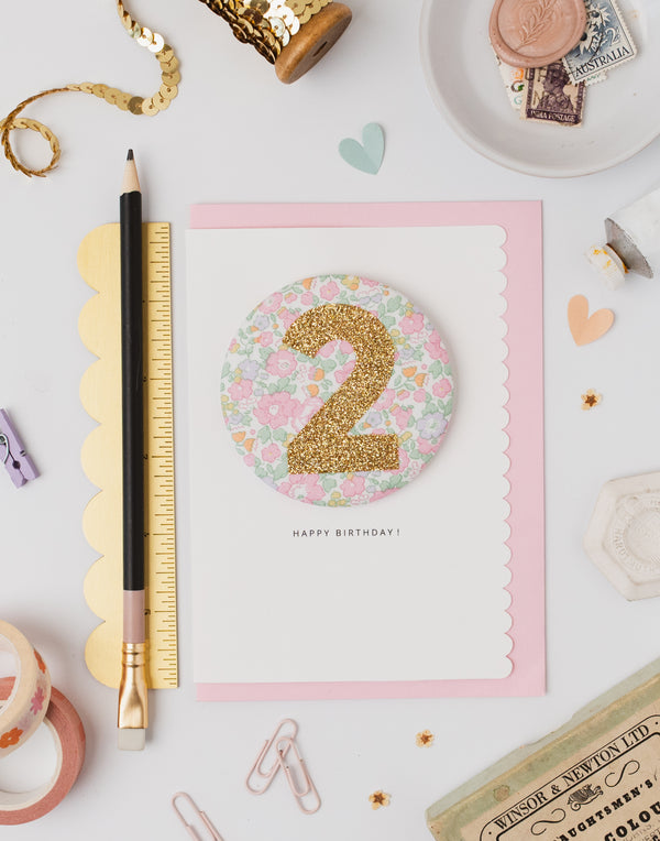 Age 2 Birthday Badge Card - Liberty Betsy Ann Whisper Pink fabric