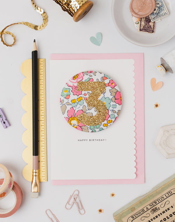 Age 3 Birthday Badge Card - Liberty Betsy Pink fabric
