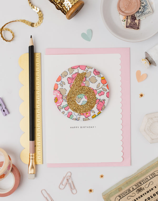 Age 6 Birthday Badge Card - Liberty Betsy Pink fabric
