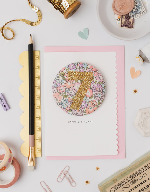Age 7 Birthday Badge Card - Liberty Michelle fabric