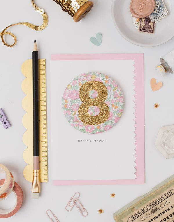 Age 8 Birthday Badge Card - Liberty Betsy Ann Whisper Pink