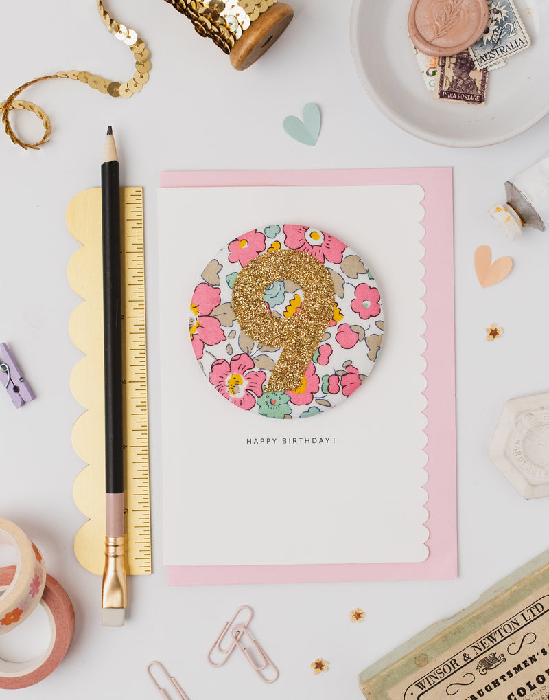 Age 9 Birthday Badge Card - Liberty Betsy Pink fabric