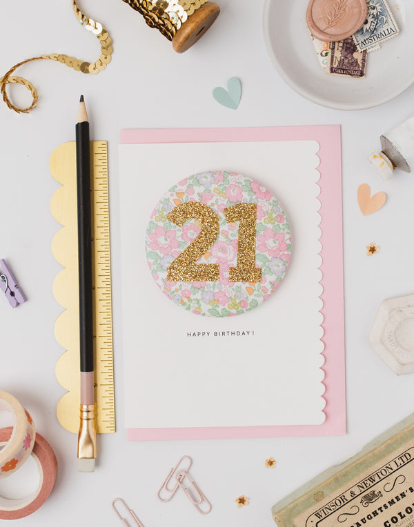 Pack of 3 - Liberty Glitter Age 21 Badge - Liberty Betsy Ann Whisper Pink