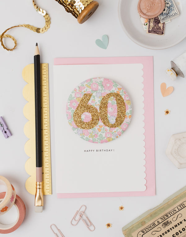Pack of 3 - Liberty Glitter Age 60 Badge - Liberty Betsy Ann Whisper Pink