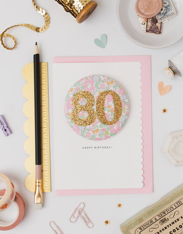 Pack of 3 - Liberty Glitter Age 80 Badge - Liberty Betsy Ann Whisper Pink