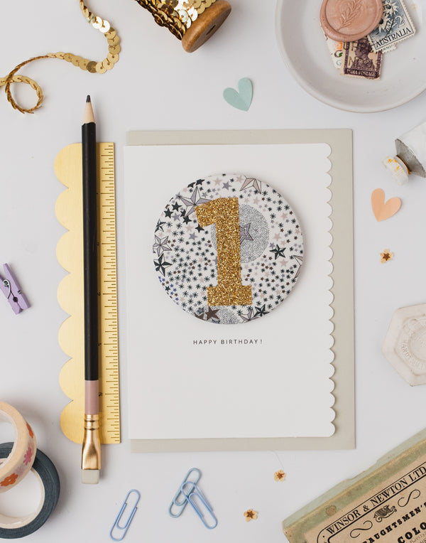 Age 1 Birthday Badge Card - Liberty Adelajda's Wish Fabric