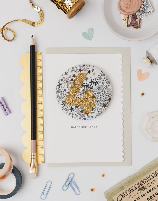 Age 4 Birthday Badge Card - Liberty Adelajda's Wish fabric