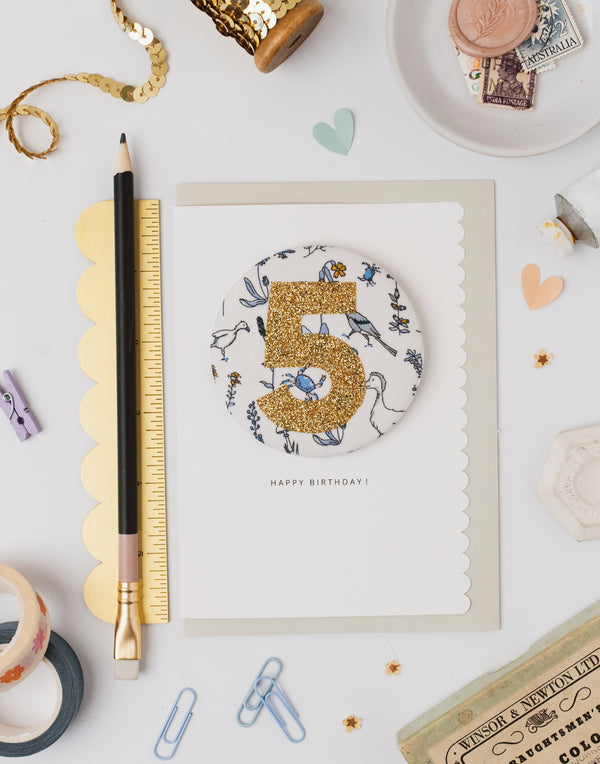 Age 5 Birthday Badge Card - Liberty Theo fabric