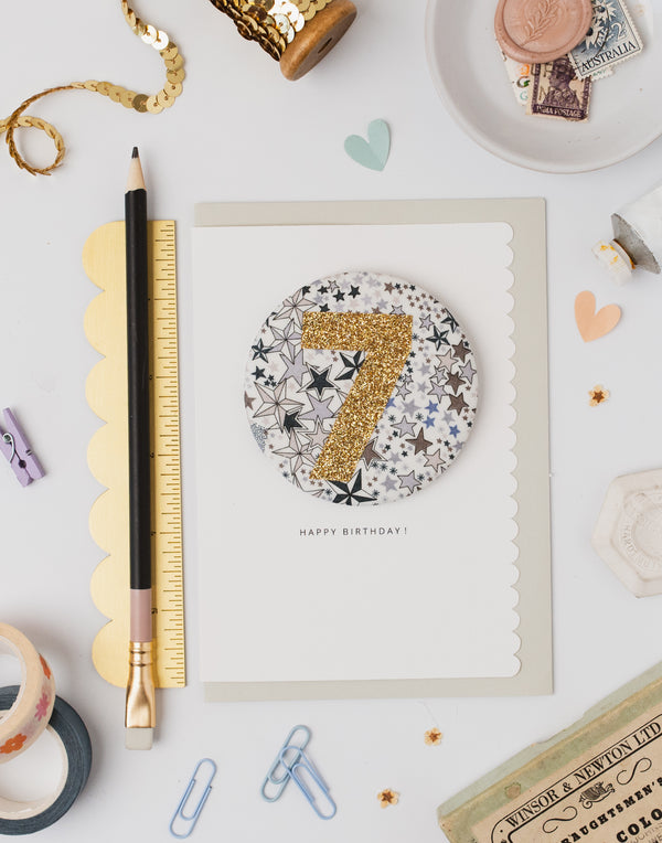 Age 7 Birthday Badge Card - Liberty Adelajda's Wish fabric