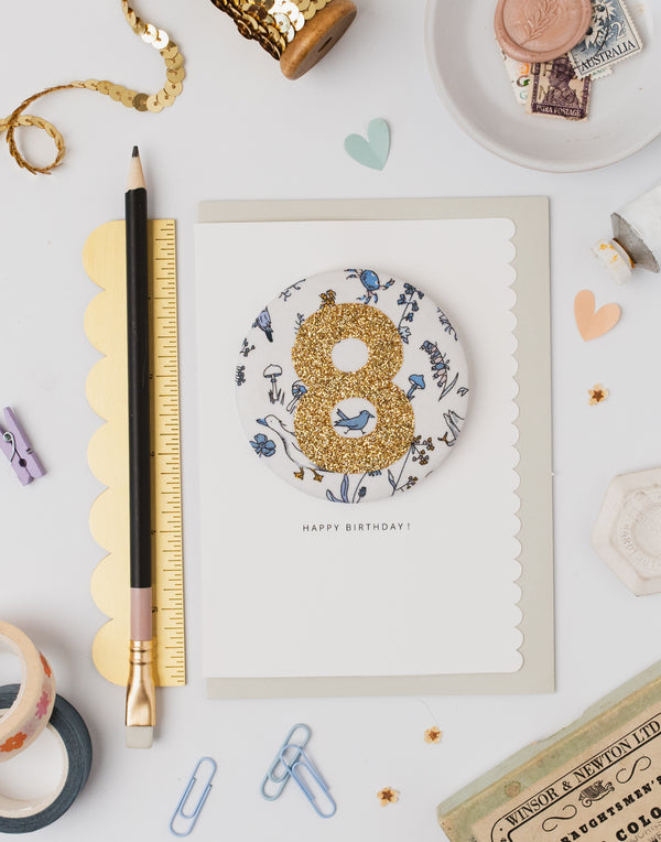 Age 8 Birthday Badge Card - Liberty Theo fabric