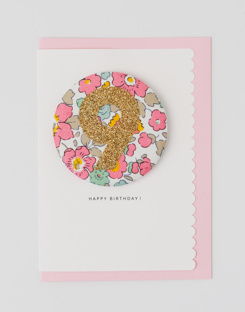 Age 9 Birthday Badge Card - Liberty Betsy Pink fabric