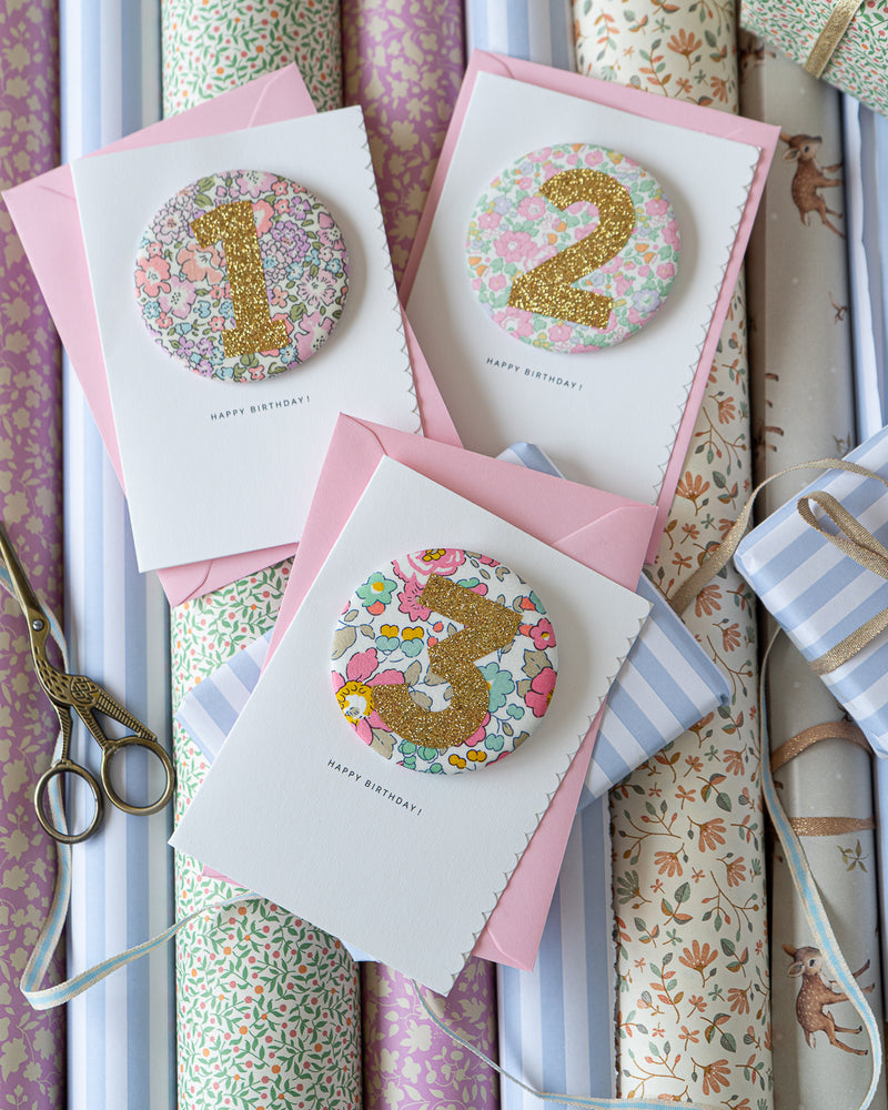 Age 1 Birthday Badge Card - Liberty Michelle Lilac Fabric
