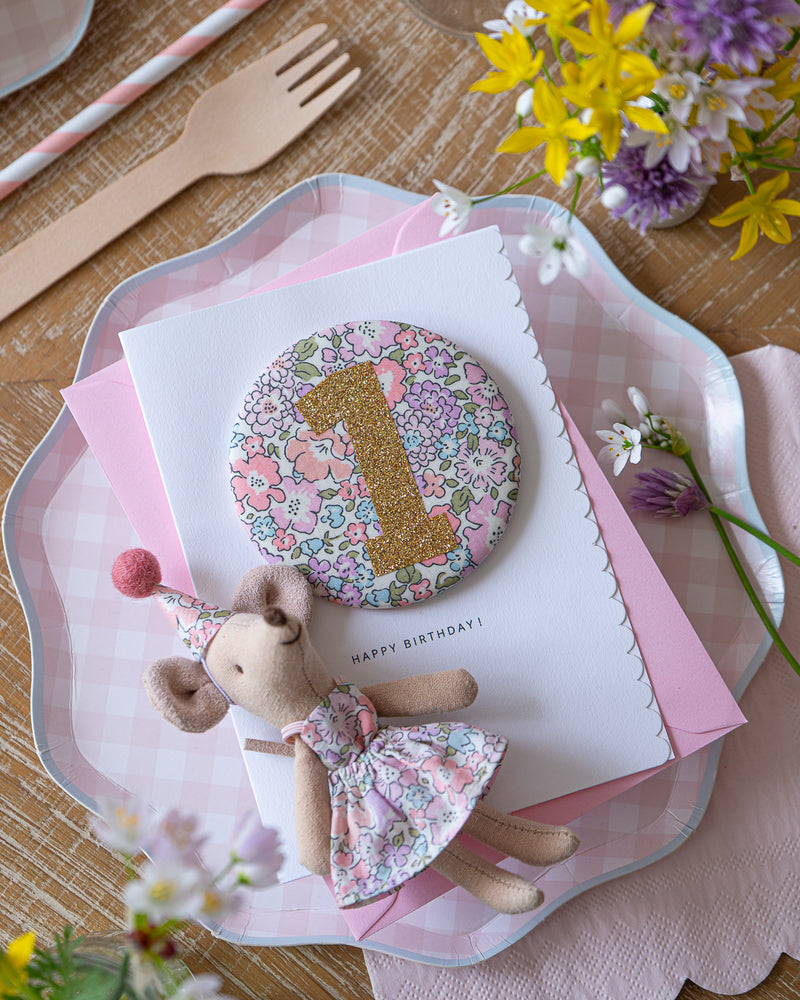Age 1 Birthday Badge Card - Liberty Michelle Lilac Fabric