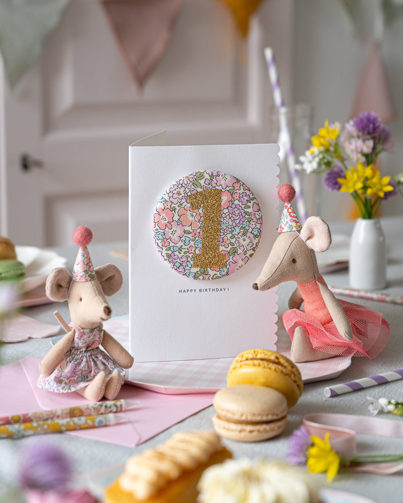 Age 1 Birthday Badge Card - Liberty Michelle Lilac Fabric