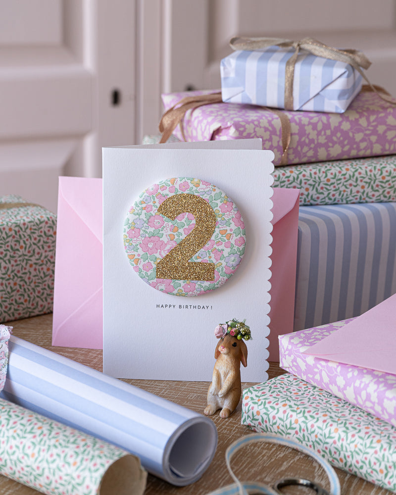 Age 2 Birthday Badge Card - Liberty Betsy Ann Whisper Pink fabric