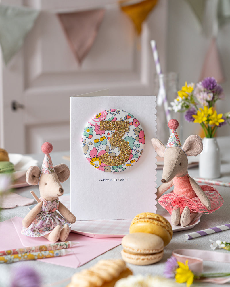 Age 3 Birthday Badge Card - Liberty Betsy Pink fabric