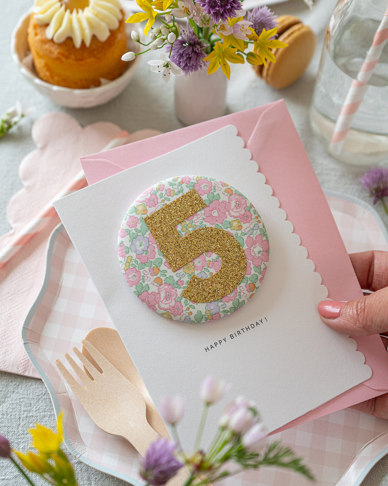 Age 2 Birthday Badge Card - Liberty Betsy Ann Whisper Pink fabric