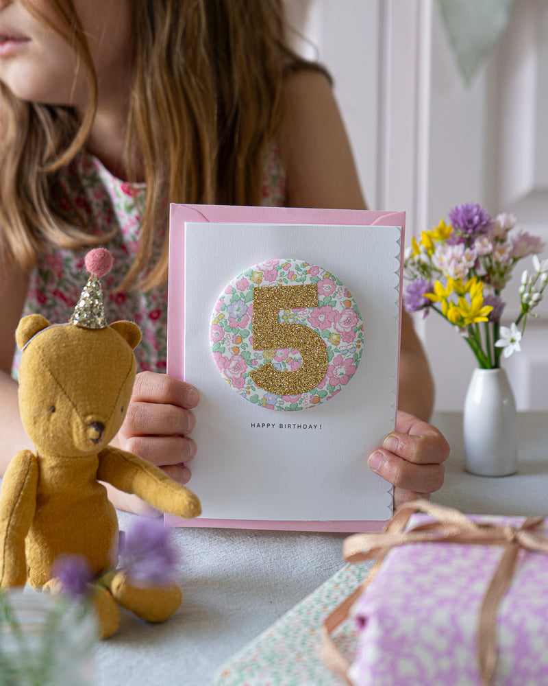 Age 2 Birthday Badge Card - Liberty Betsy Ann Whisper Pink fabric