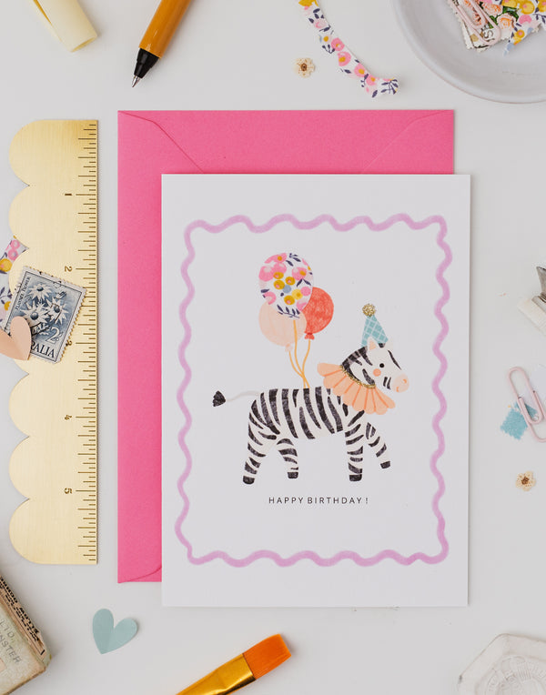 Zebra Birthday Card - Liberty Wiltshire Bud Fabric