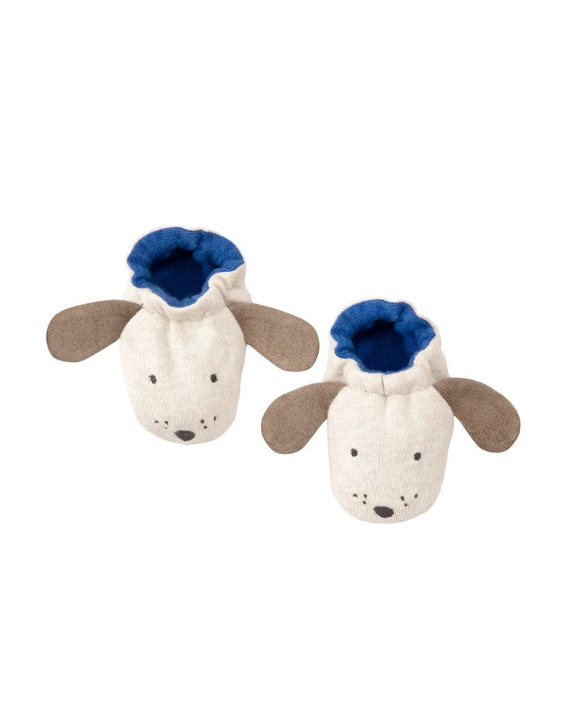 Meri Meri dog baby booties included in the new baby boy gift box.