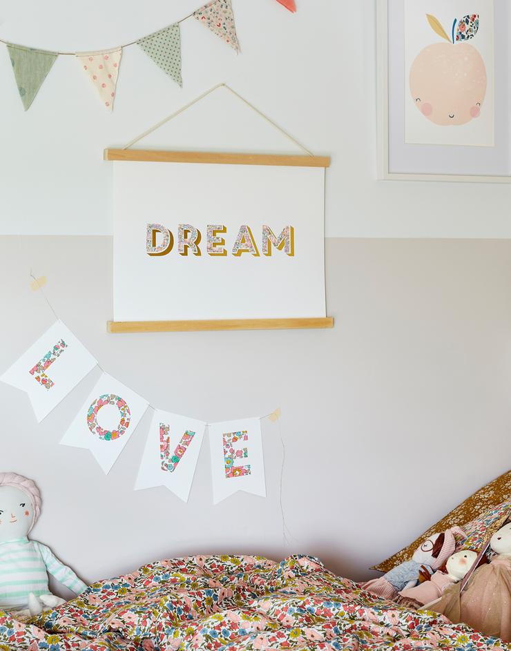 Dream word nursery art with Liberty fabric by The Charming Press