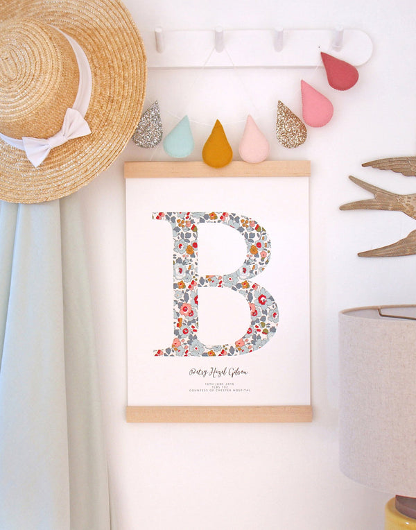 Wall art featuring Liberty print monogram and personalisation by The Charming Press.