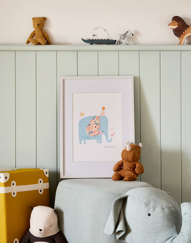 Child's bedroom decoration featuring Elephant wall art by The Charming Press.