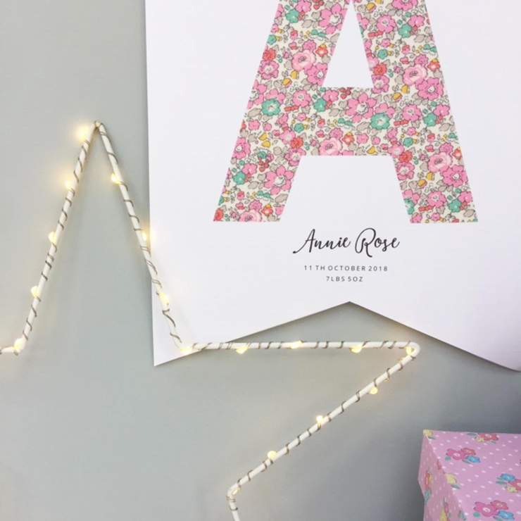 Close up of Betsy Ann Liberty print personalised Monogram flag by The Charming Press