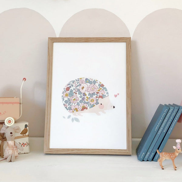Playroom print featuring a Liberty print hedgehog by The Charming Press