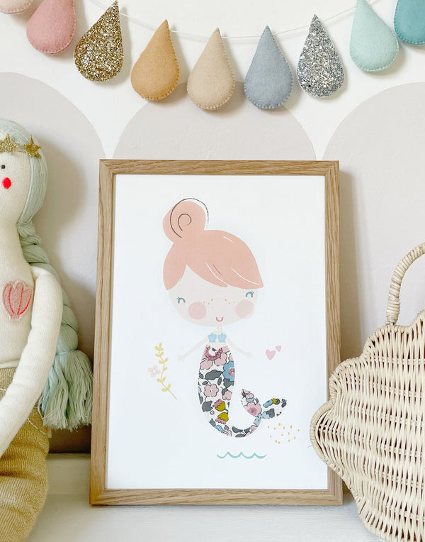 Mermaid nursery art with Liberty print tail by The Charming Press. 