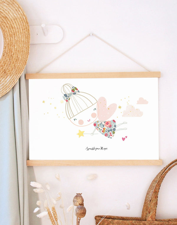 Liberty print personalised Fairy print hanging in children's bedroom.