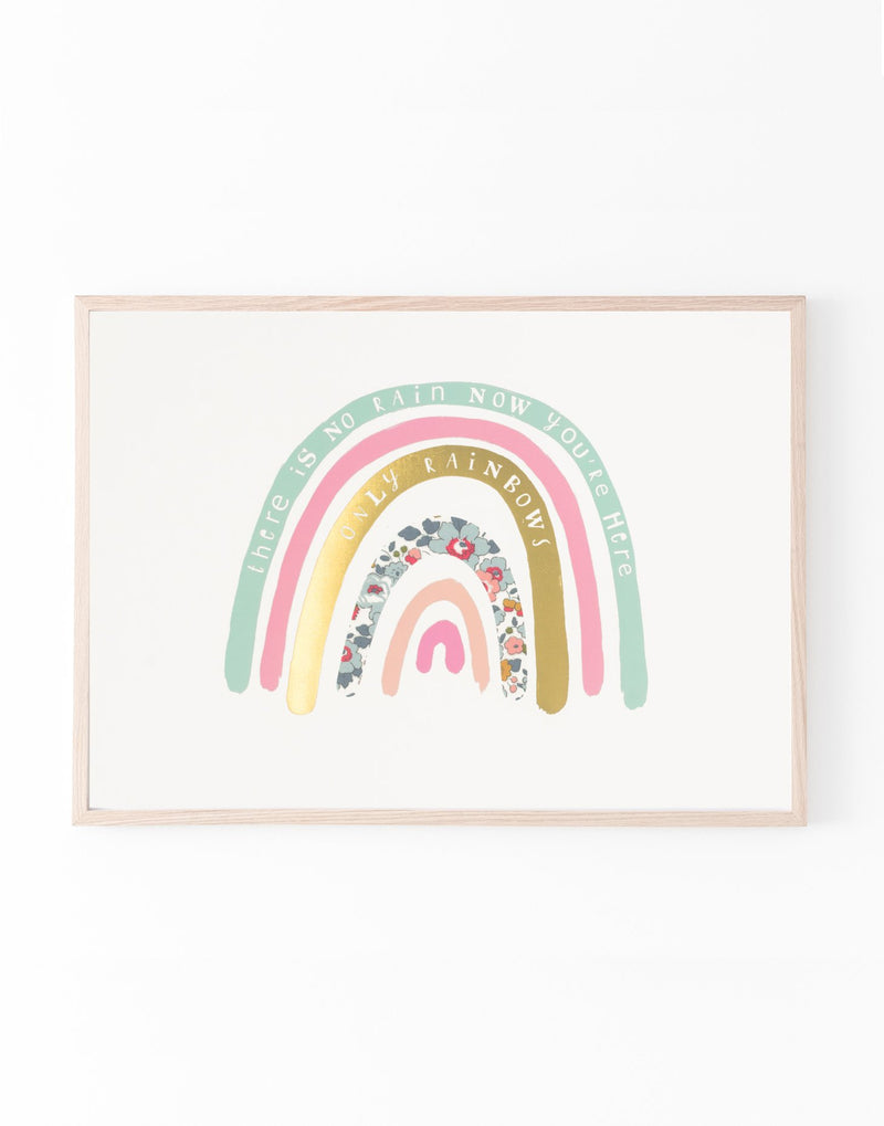 Liberty print and pastel Rainbow nursery print by The Charming Press with gold foil detail.