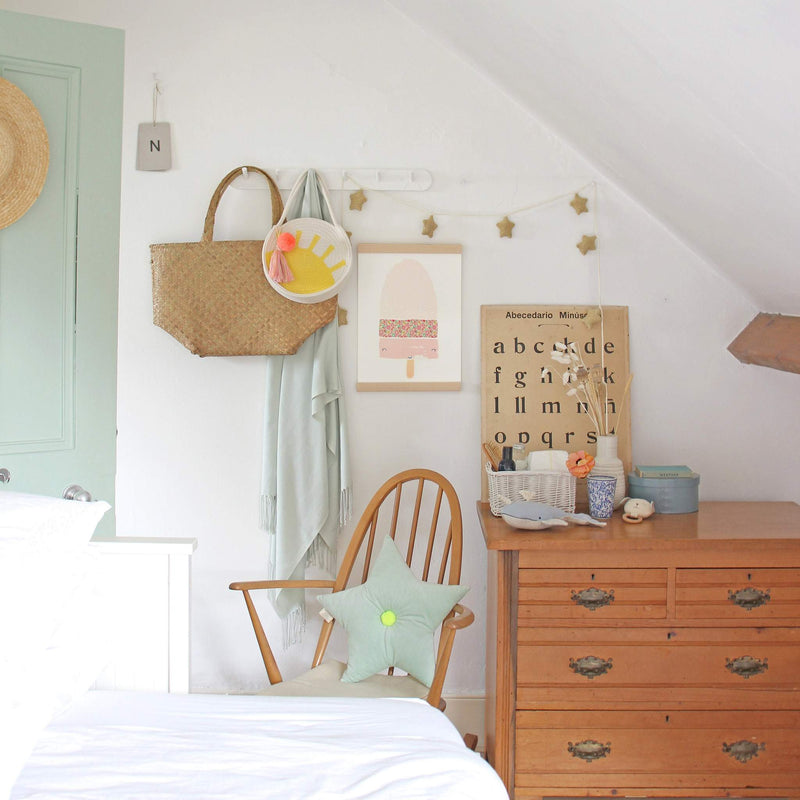 Child's bedroom with decor and accessories including Lolly print by The Charming Press