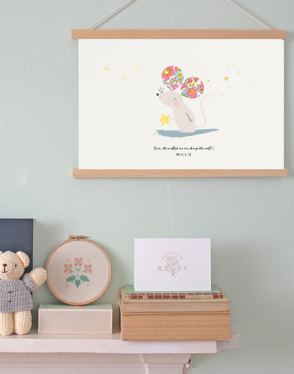 Liberty print Mouse nursery art by The Charming Press shown hanging in baby's nursery.