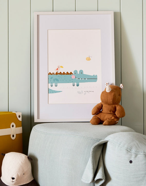 Animal nursery art by The Charming Press, print featuring a crocodile with Liberty print details.