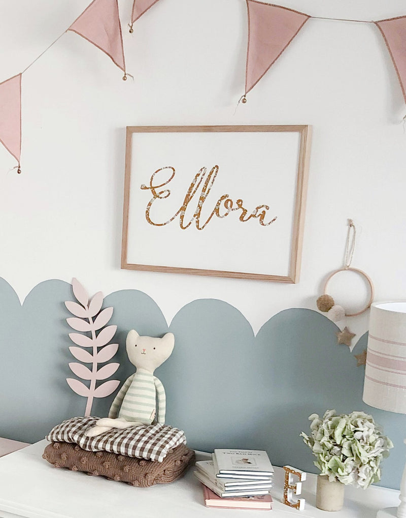 Personalised name nursery print with Liberty print details by The Charming Press