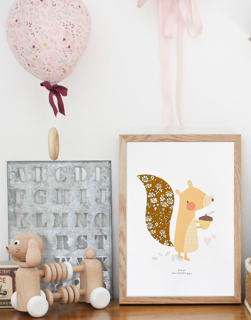 Children's bedroom with Liberty print Squirrel nursery wall art by The Charming Press