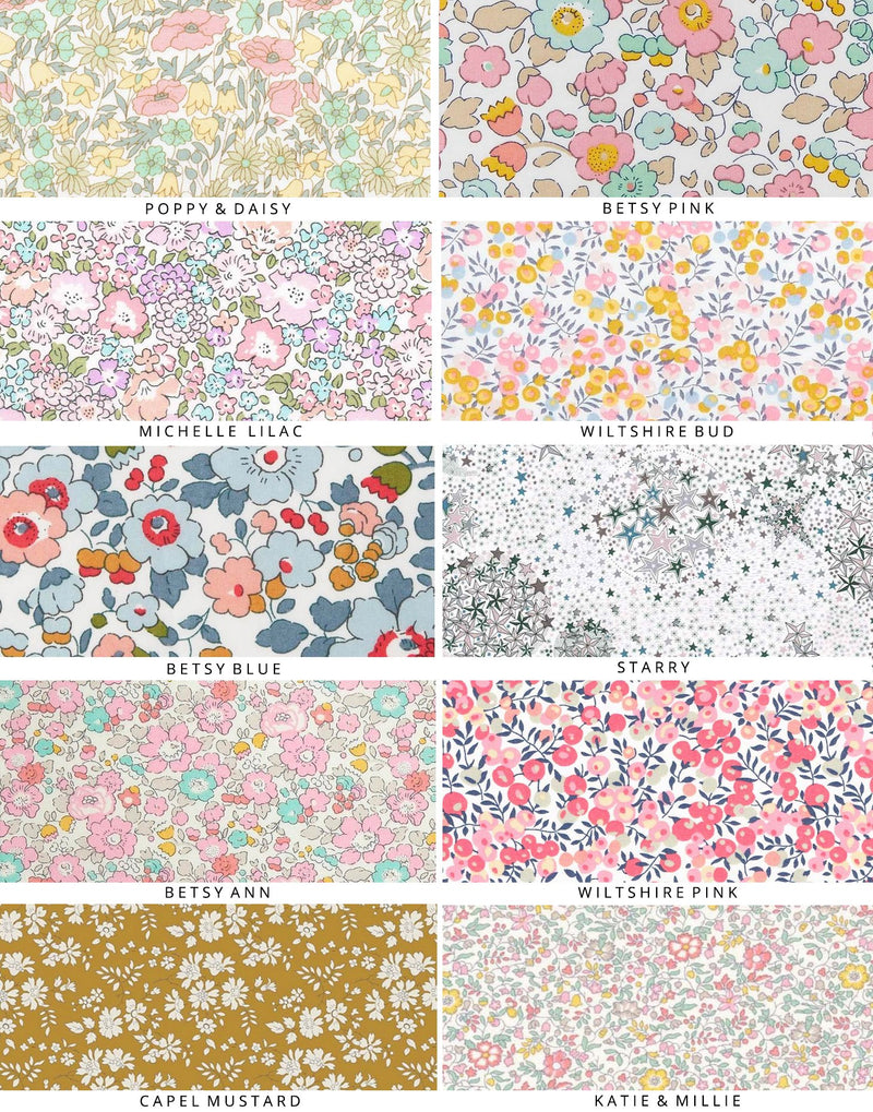 Liberty print fabric selections for personalised The Charming Press products. 