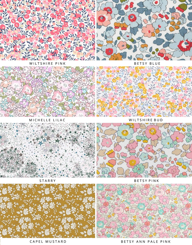 Liberty print fabric selections for personalised The Charming Press products.  Edit alt text