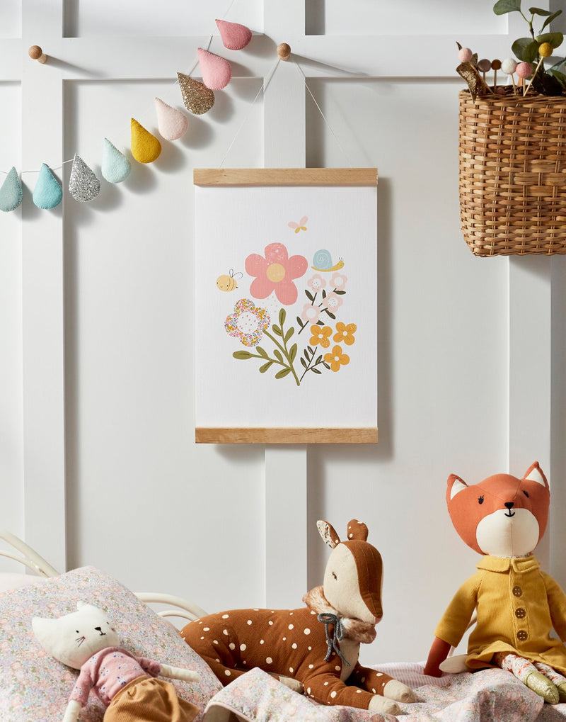 Children's bedroom featuring Liberty print nursery art with Flowers by The Charming Press