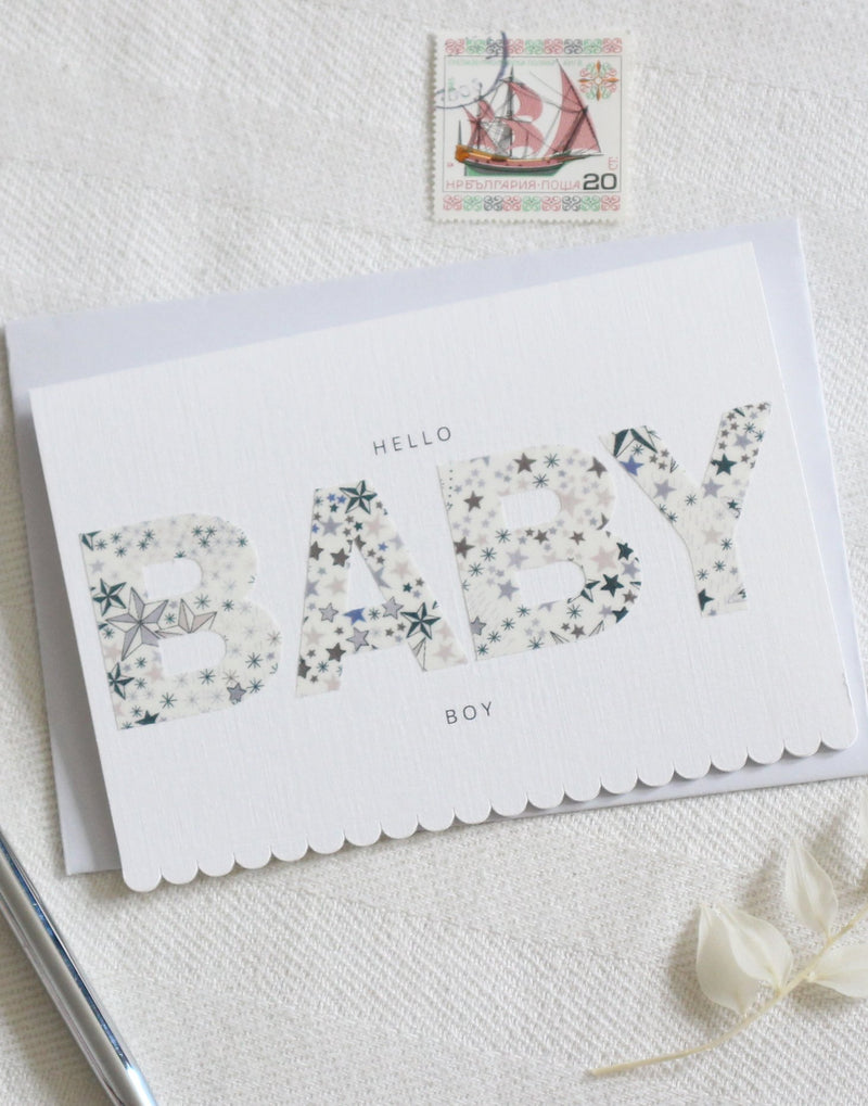 Liberty print new baby boy greetings card by The Charming Press.