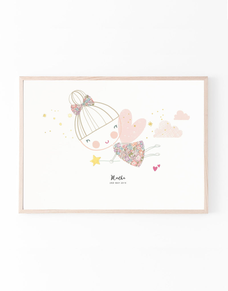 Personalised Fairy Nursery print with Liberty art fabric details by The Charming Press.