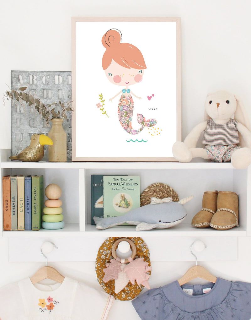 Children's wall art by The Charming Press featuring a mermaid with Liberty print details. 