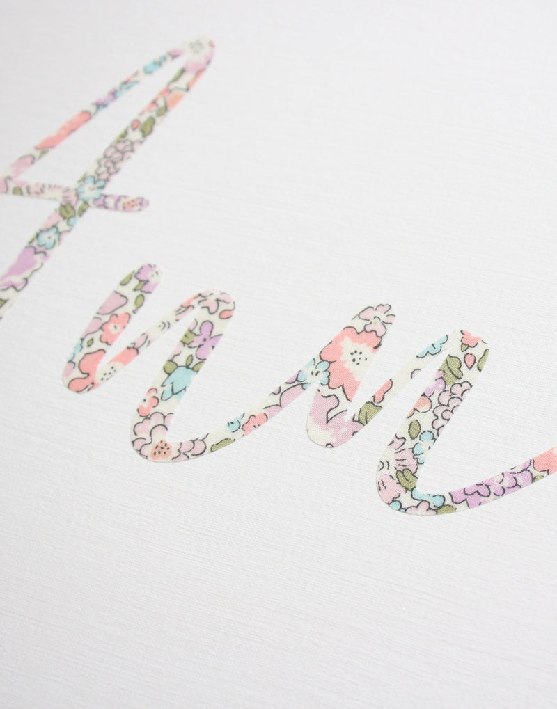 Close up of Liberty print detail on personalised art by The Charming Press