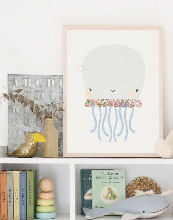 Liberty print Octopus nursery art by The Charming Press shown on nursery shelf