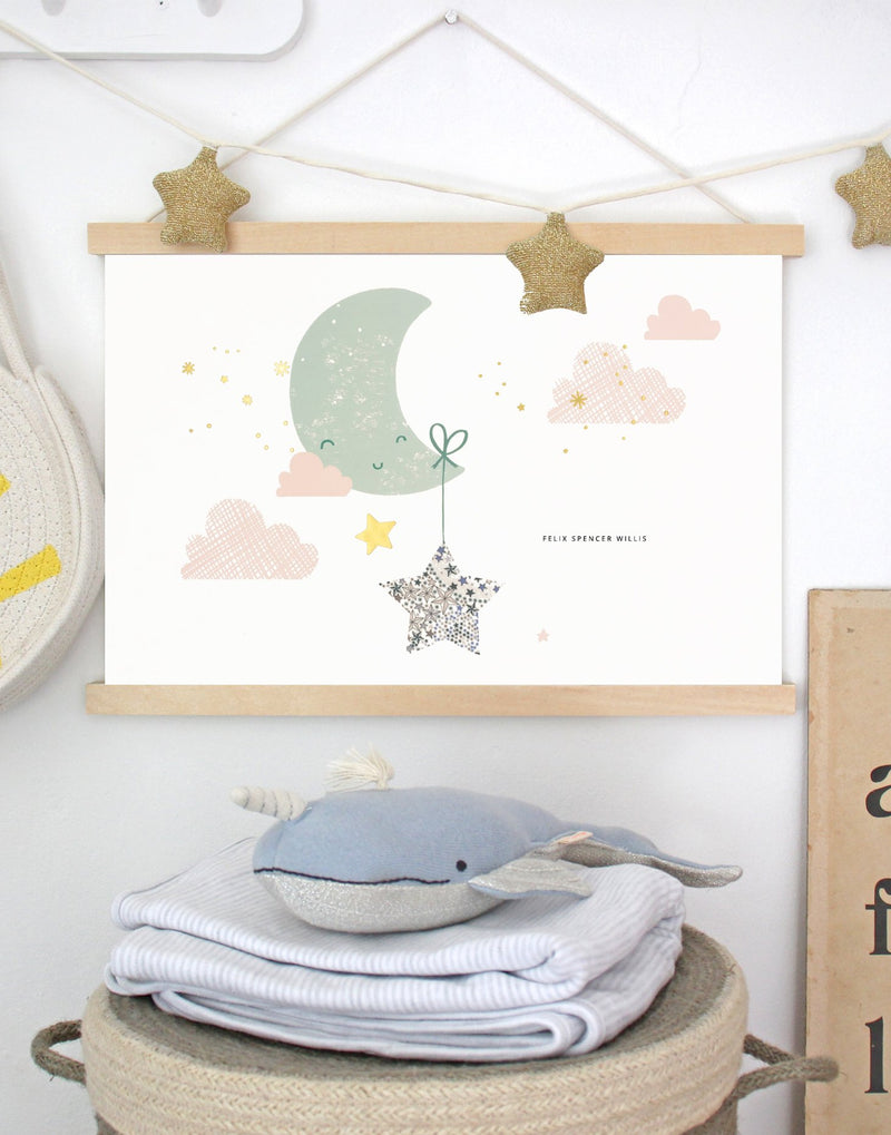 Personalised nursery art featuring moons and stars with Liberty print details by The Charming Press