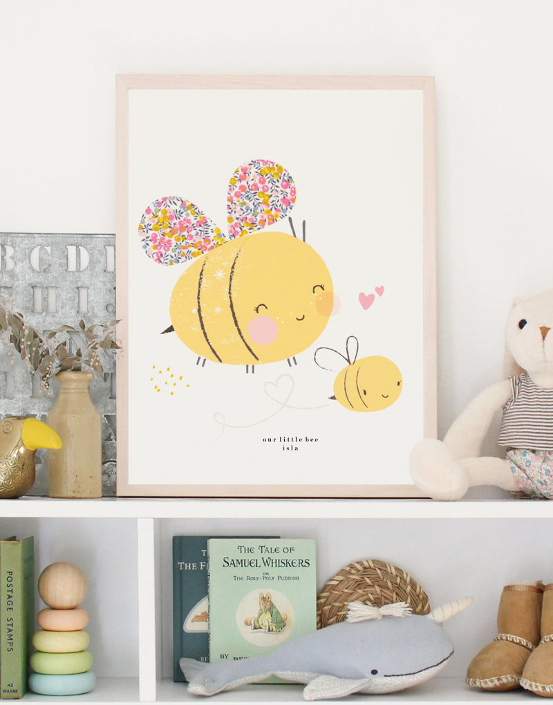 Liberty print Bumblee Bee kids wall art by The Charming Press on a shelf in nursery.