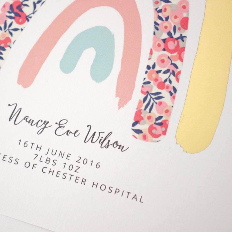 Close up of personalised rainbow nursery print by The Charming Press.