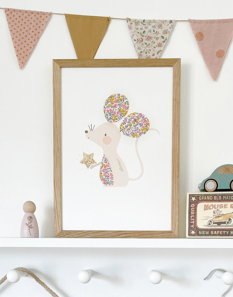 Liberty print Mouse nursery art by The Charming Press shown on nursery shelf.